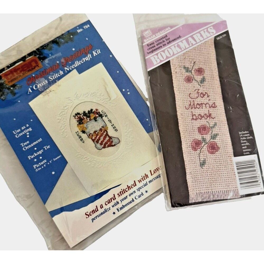 Lot of 2 EASY Cross Stitch Mini Kits Titan Xmas Greeting Card & Bookmark for Mom